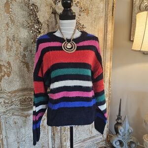 A New Day Striped Fuzzy Sweater in Black, Blue, and Red Size XXL